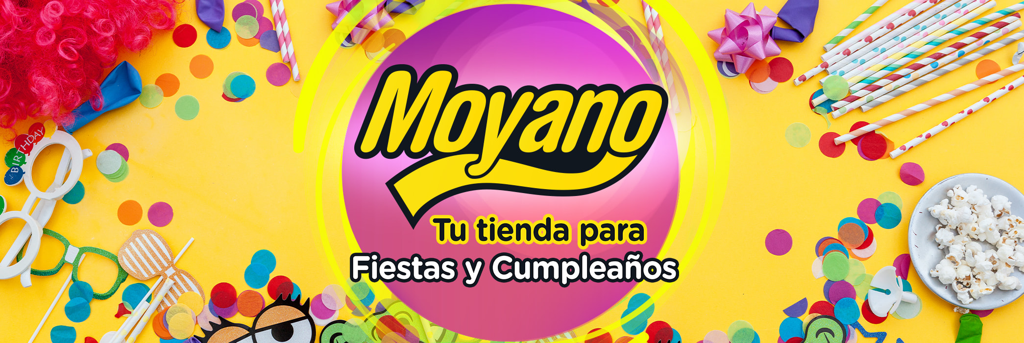 Moyano - Tienda especializada en artículos para fiestas y cumpleaños, decoración colorida con confeti, globos, y accesorios de fiesta